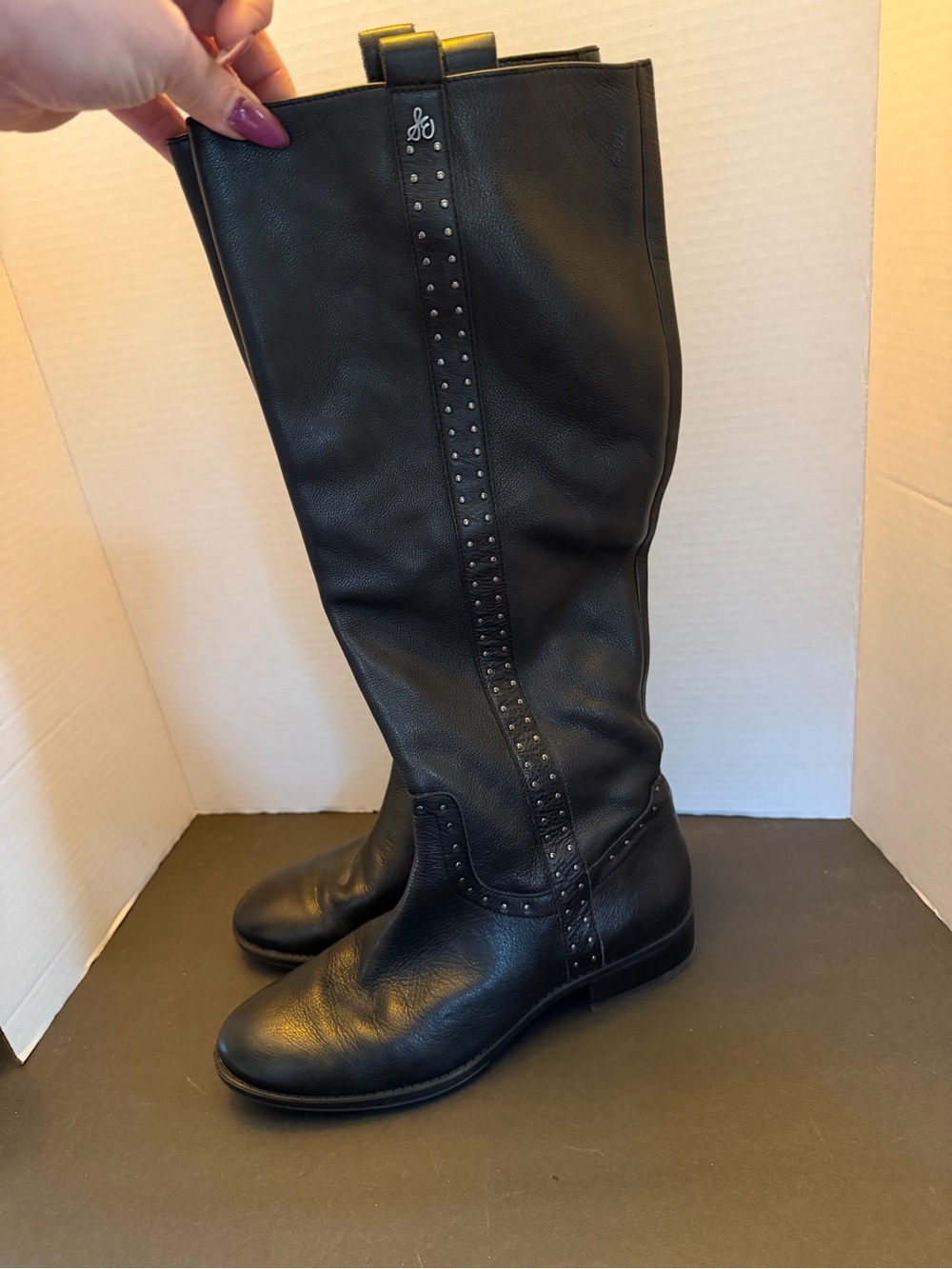 Sam Edelman 100% Leather Black Stud-Accent under-the-Knee Boots